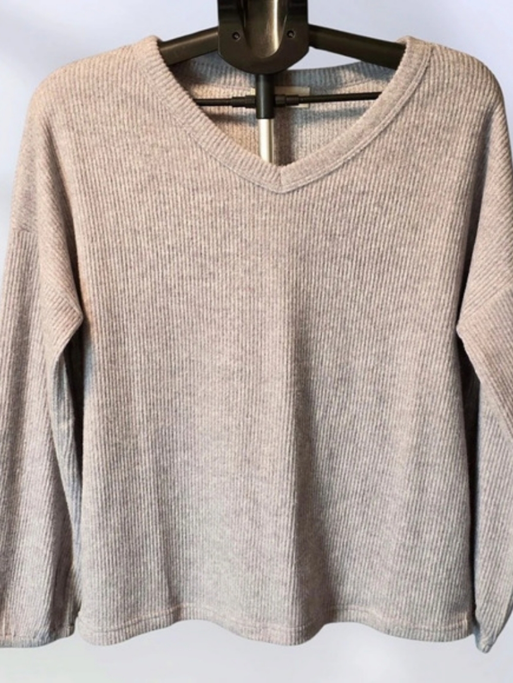 ZENANA V-Neck Long Sleeve Ribbed Top in Gray